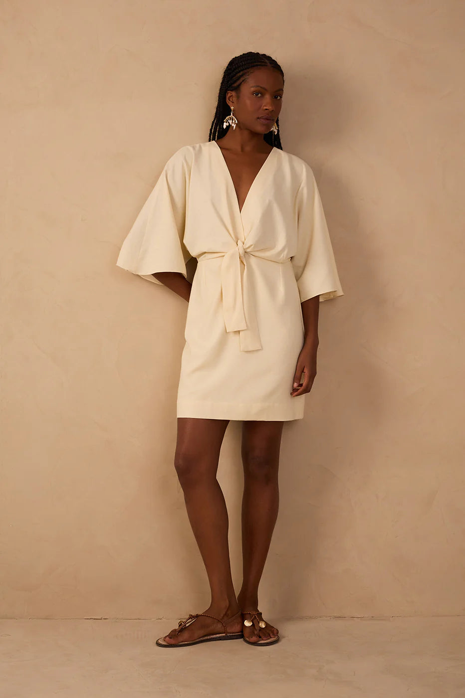 Dress To| Beige Front Knot Kimono Sleeve Mini Dress
