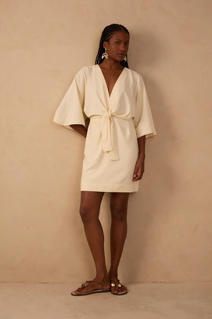 Dress To| Beige Front Knot Kimono Sleeve Mini Dress