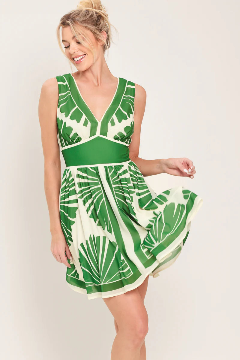 Flying Tomato | Palm Breeze Woven Mini Dress Ivory Green