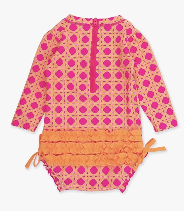Rufflebutts | Neon Sherbet Cane Long Sleeve Girls Rash Guard Swimsuit