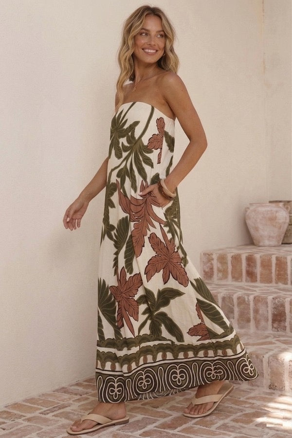 SundayUp | Tropical Print Strapless Maxi Dress