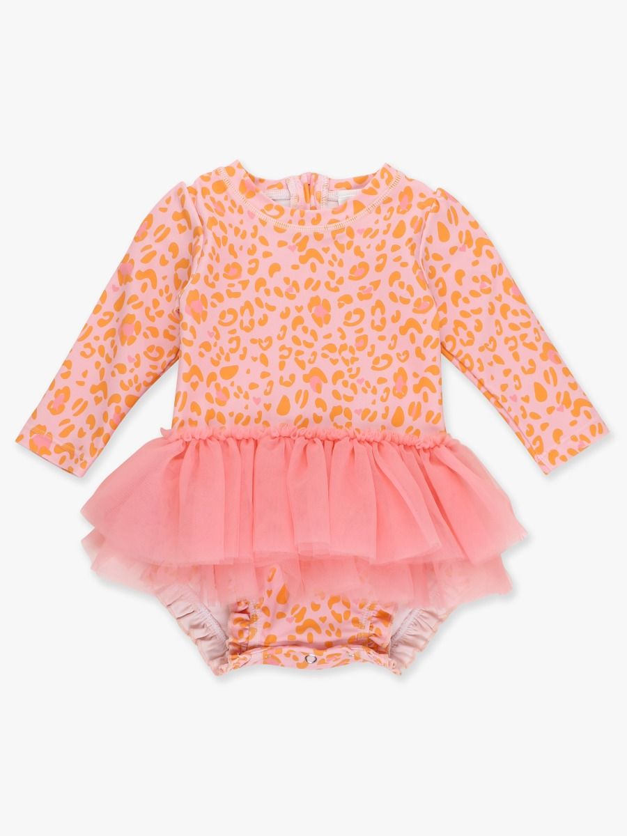 Ruffled Butts| Pink Leopard Tulle Skirted One Piece Rash Guard