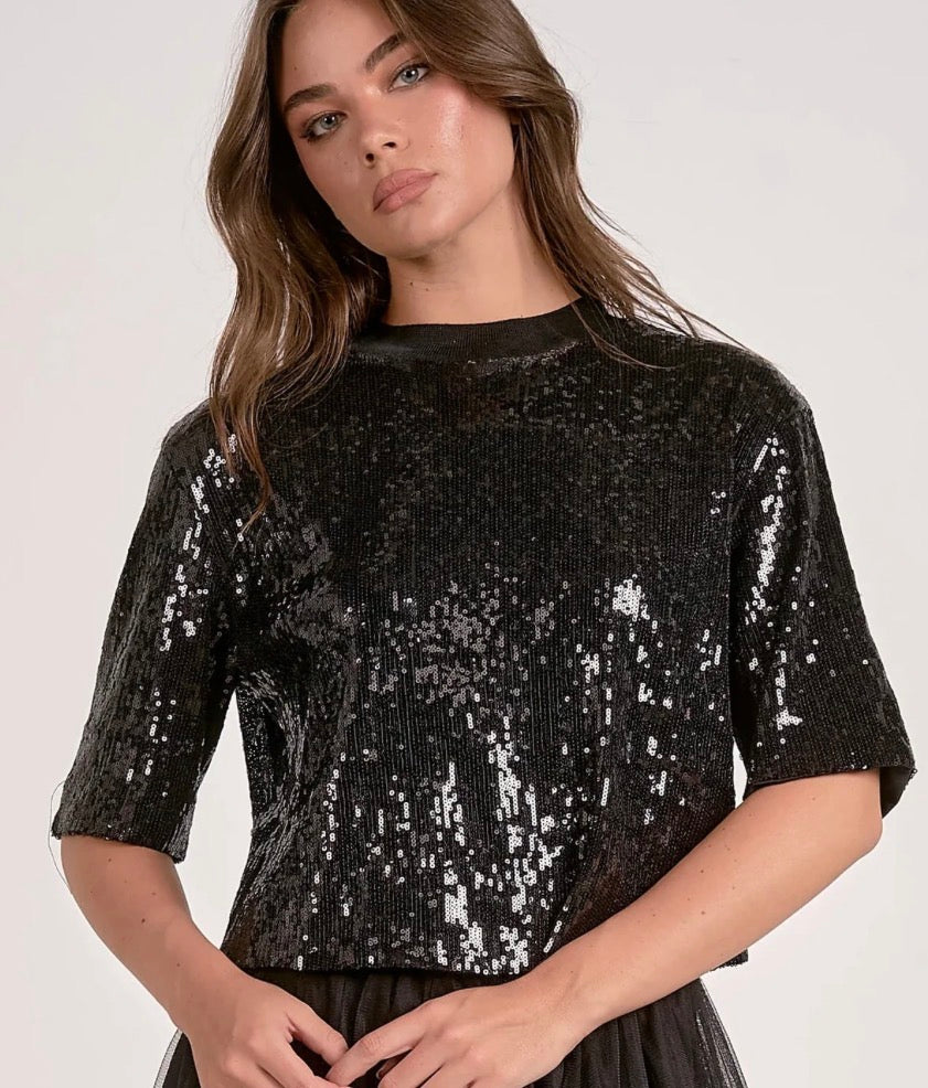 Elan | Sequin Crewneck Top in Black