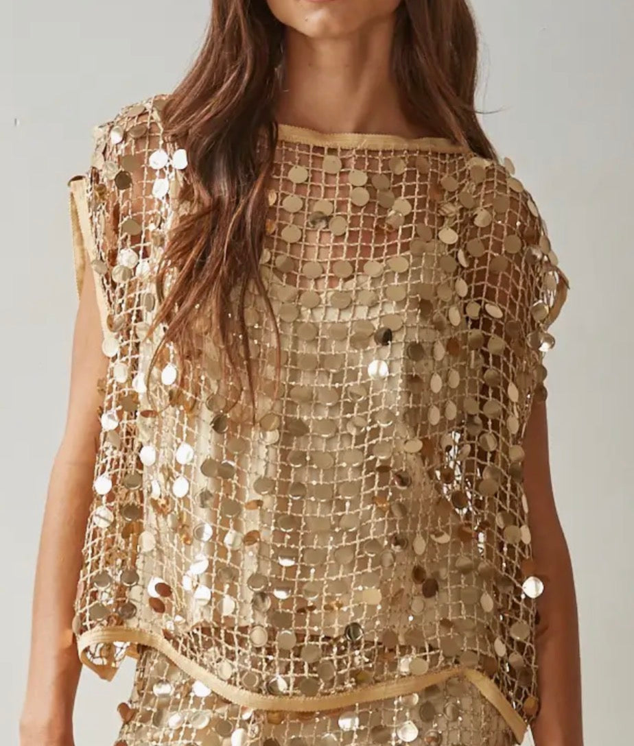 By Together | Gold Woven Polyester Boatneck Sleeveless Top