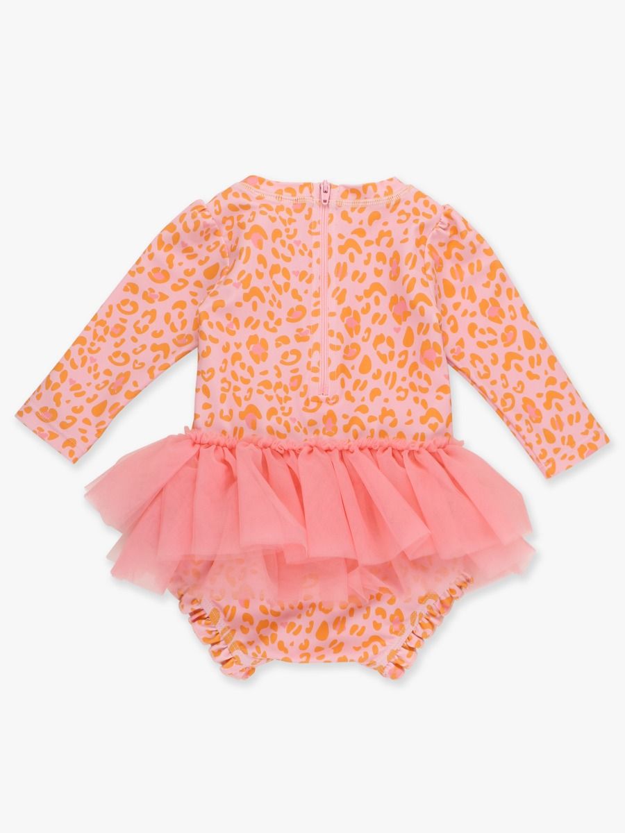Ruffled Butts| Pink Leopard Tulle Skirted One Piece Rash Guard