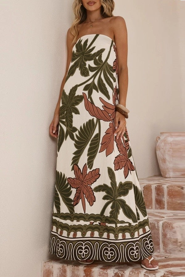 SundayUp | Tropical Print Strapless Maxi Dress
