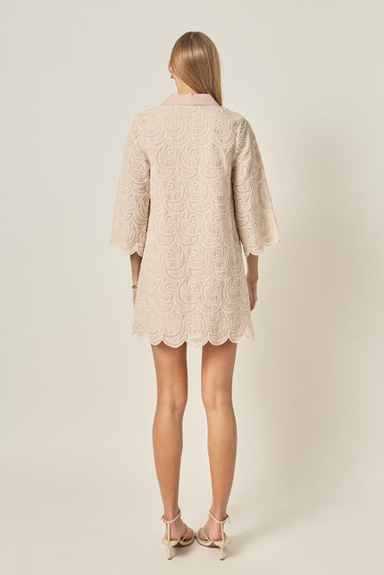 English Factory | STRIPED EMBROIDERED SCALLOP HEM SHIRT MINI DRESS