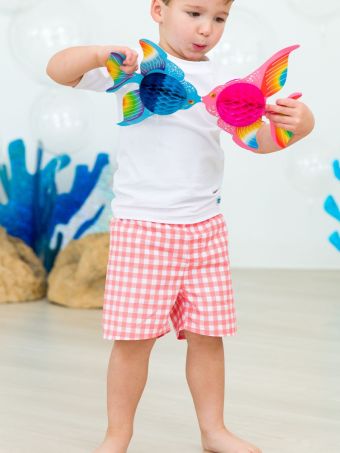 Ruffle Butts | Coral Gingham Swim Trunks