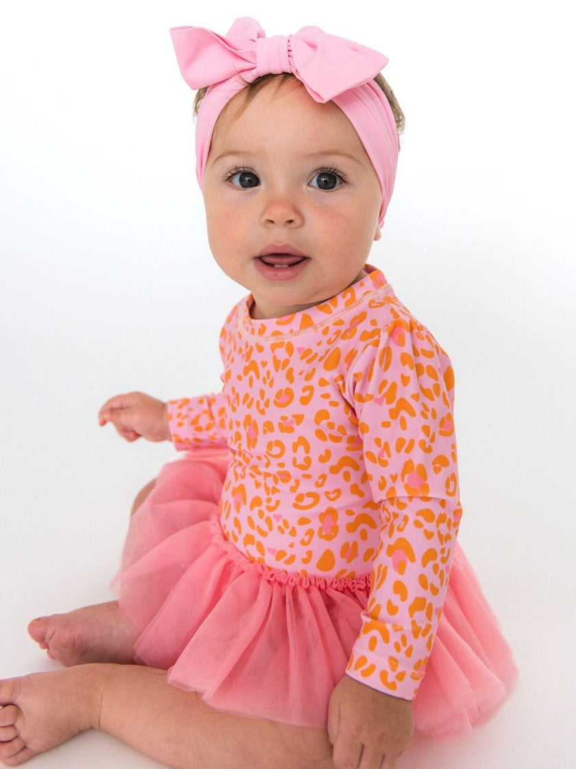 Ruffled Butts| Pink Leopard Tulle Skirted One Piece Rash Guard